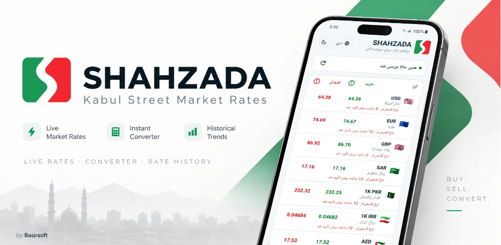 Shahzada Android app showing Kabul currency rates